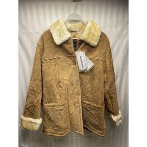 Women's Vintage Dennis Basso Genuine Leather Coat Faux Fur Jacket Size L NEW NEW